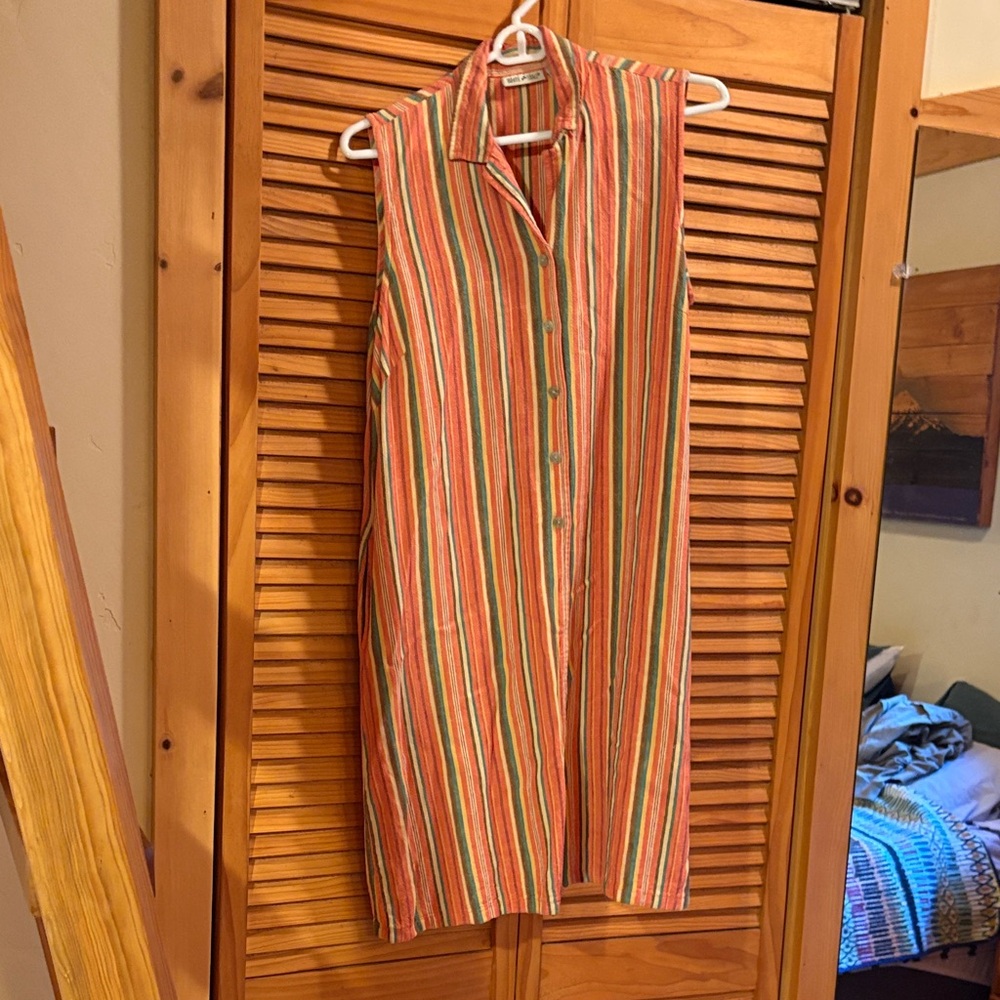 Sleeveless Button-Front Striped Tunic Dress - Orange Multi